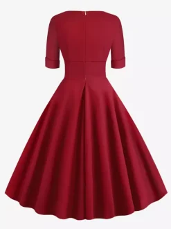 Robe cocktail vintage années 50 pour femme - Col en V manches courtes coupe trapèze buste froncé style rockabilly longueur midi - Invitée de mariage 2026