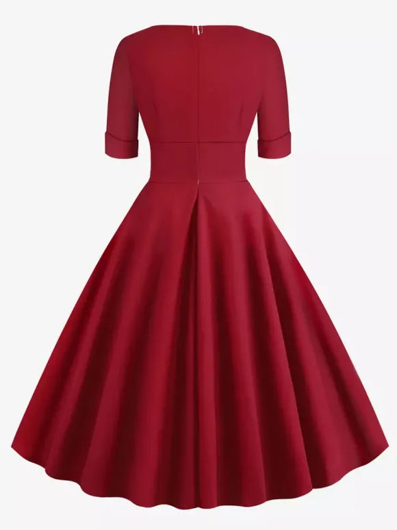 Robe cocktail vintage années 50 pour femme - Col en V manches courtes coupe trapèze buste froncé style rockabilly longueur midi - Invitée de mariage 2026
