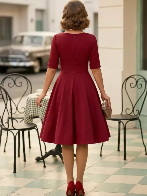 Robe cocktail vintage années 50 pour femme - Col en V manches courtes coupe trapèze buste froncé style rockabilly longueur midi - Invitée de mariage 2026