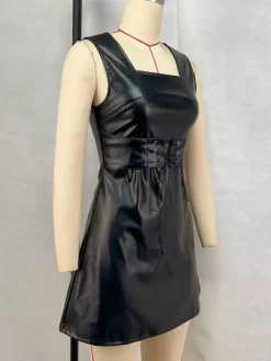 Robe corset en cuir PU sans manches à col carré robe de club courte et sexy pour femmes 2026