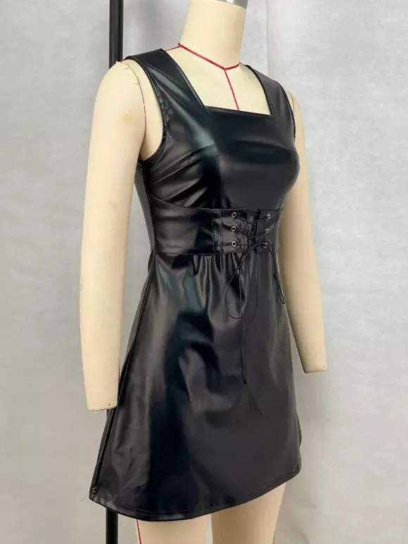 Robe corset en cuir PU sans manches à col carré robe de club courte et sexy pour femmes 2026