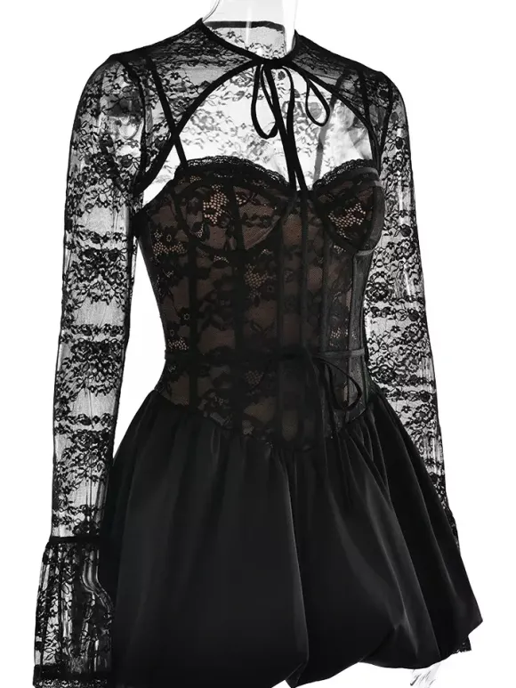 Robe corset en dentelle noire avec boléro amovible Robe mini bouffante de fête d'anniversaire pour femme 2026