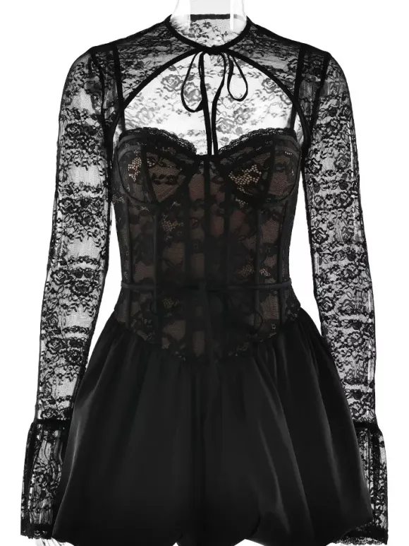 Robe corset en dentelle noire avec boléro amovible Robe mini bouffante de fête d'anniversaire pour femme 2026