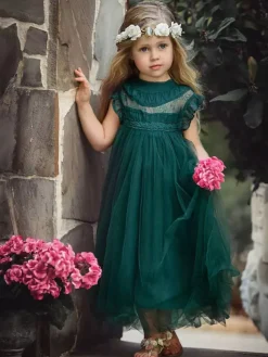 Robe cortège enfant boho robe cérémonie enfant en coton mélangé découpée décolleté conçu sans manches marron