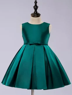 Robe cortège enfant col rond longueur au genou jupe plissée en satin Robe fille de fleur
