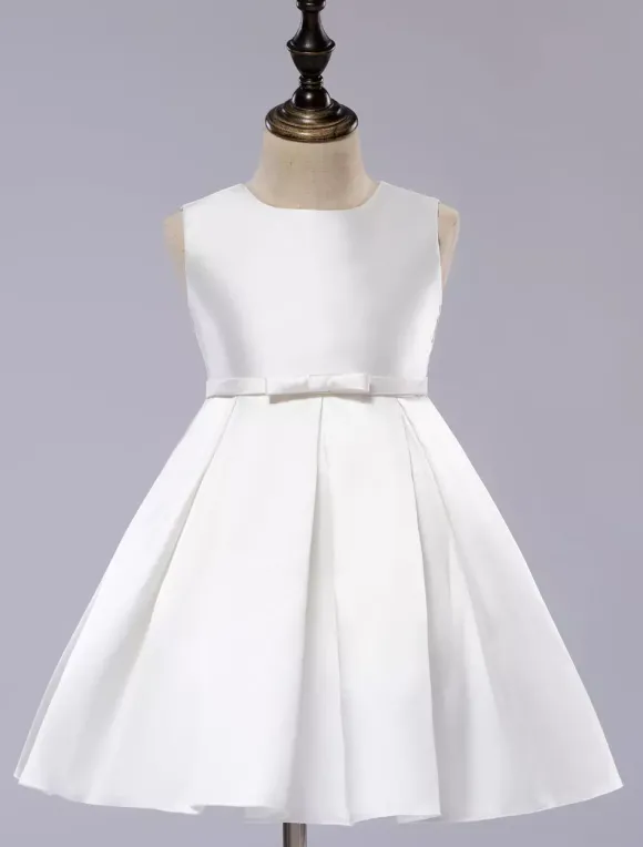 Robe cortège enfant col rond longueur au genou jupe plissée en satin Robe fille de fleur