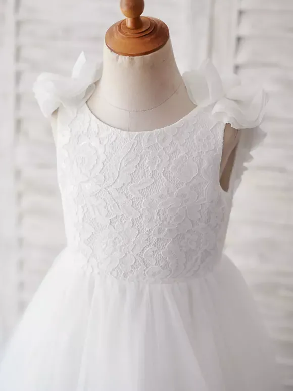 Robe cortège enfant col rond brodé dos en V décoré des fleurs jupe en tulle longeur à la cheville Robe fille de fleur