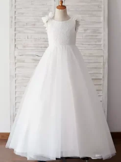 Robe cortège enfant col rond brodé dos en V décoré des fleurs jupe en tulle longeur à la cheville Robe fille de fleur