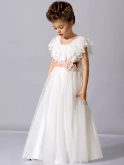 Robe cortège enfant robe fille de fleur en dentelle col rond longueur au sol