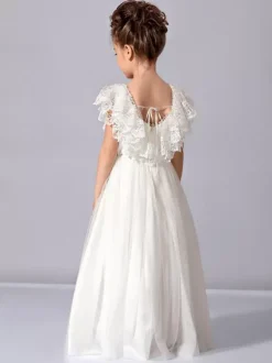 Robe cortège enfant robe fille de fleur en dentelle col rond longueur au sol