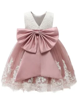 Robe cortège enfrant cameo rose en tulle col rond noeud sur dos Robe de baptême