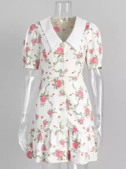 Robe courte à imprimé floral manches bouffantes col Claudine et lacets dans le dos été 2026