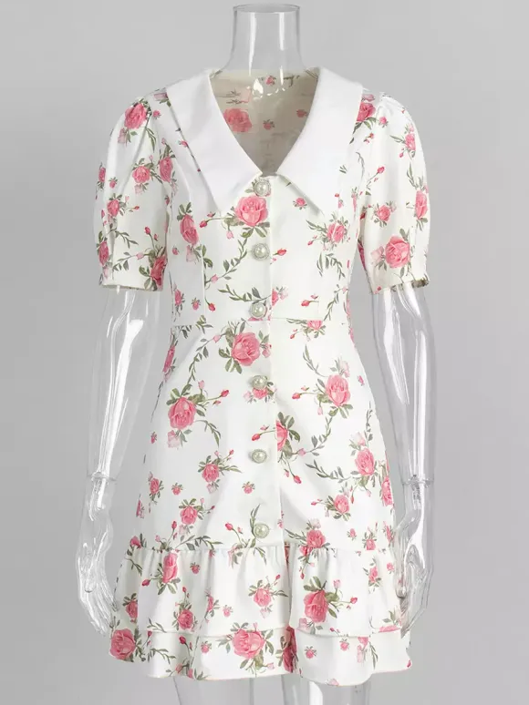 Robe courte à imprimé floral manches bouffantes col Claudine et lacets dans le dos été 2026