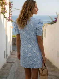 Robe courte à manches bouffantes pour femme - Robe d'été à col rond en jacquard fleuri - Idéale pour les fêtes d'été à la plage 2026