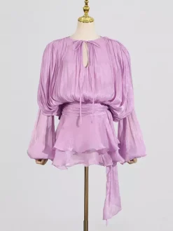 Robe courte à manches lanternes pour femme - Taille cintrée plissée et évasée - Tenue cocktail printanière 2026