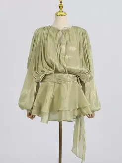 Robe courte à manches lanternes pour femme - Taille cintrée plissée et évasée - Tenue cocktail printanière 2026