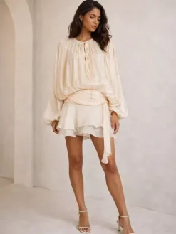 Robe courte à manches lanternes pour femme - Taille cintrée plissée et évasée - Tenue cocktail printanière 2026