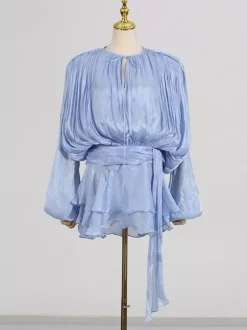 Robe courte à manches lanternes pour femme - Taille cintrée plissée et évasée - Tenue cocktail printanière 2026