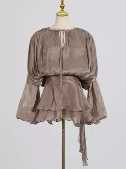 Robe courte à manches lanternes pour femme - Taille cintrée plissée et évasée - Tenue cocktail printanière 2026