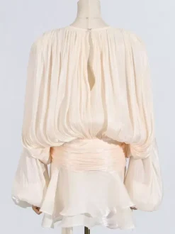 Robe courte à manches lanternes pour femme - Taille cintrée plissée et évasée - Tenue cocktail printanière 2026