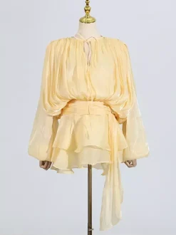 Robe courte à manches lanternes pour femme - Taille cintrée plissée et évasée - Tenue cocktail printanière 2026