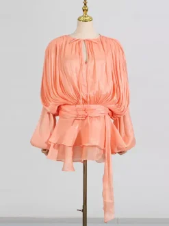 Robe courte à manches lanternes pour femme - Taille cintrée plissée et évasée - Tenue cocktail printanière 2026