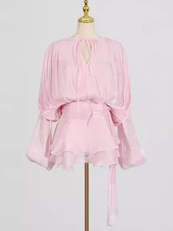 Robe courte à manches lanternes pour femme - Taille cintrée plissée et évasée - Tenue cocktail printanière 2026
