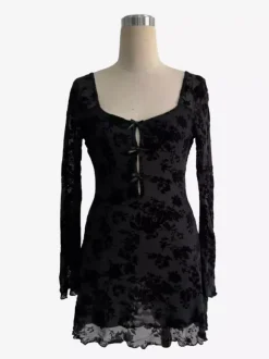 Robe courte à manches évasées n艙ud et imprimé floral floqué pour femme 2026