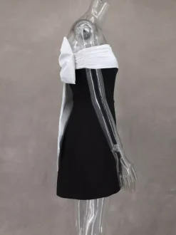 Robe courte à épaules dénudées avec n艙ud dans le dos coupe trapèze idéale pour une fête d'anniversaire ou un cocktail 2026