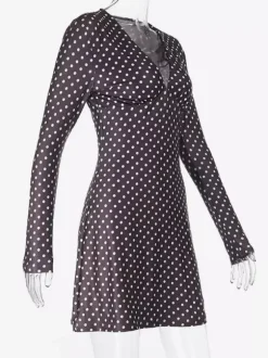 Robe courte à pois pour femme - Marron chocolat vintage col en V manches longues moulante - Idéale pour les fêtes de printemps 2026