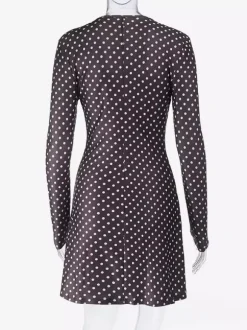 Robe courte à pois pour femme - Marron chocolat vintage col en V manches longues moulante - Idéale pour les fêtes de printemps 2026