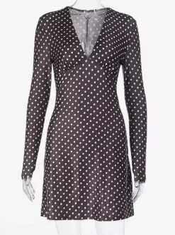 Robe courte à pois pour femme - Marron chocolat vintage col en V manches longues moulante - Idéale pour les fêtes de printemps 2026