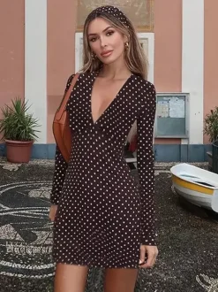 Robe courte à pois pour femme - Marron chocolat vintage col en V manches longues moulante - Idéale pour les fêtes de printemps 2026