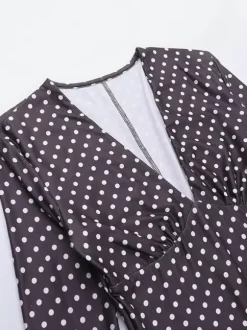Robe courte à pois pour femme - Marron chocolat vintage col en V manches longues moulante - Idéale pour les fêtes de printemps 2026