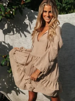 Robe courte bohème à manches lanternes pour femme - Mélange de coton col en V volants étagés coupe ample - Collection printemps-été décontractée 2026