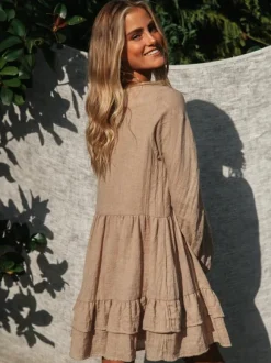 Robe courte bohème à manches lanternes pour femme - Mélange de coton col en V volants étagés coupe ample - Collection printemps-été décontractée 2026