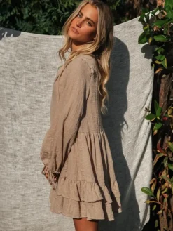 Robe courte bohème à manches lanternes pour femme - Mélange de coton col en V volants étagés coupe ample - Collection printemps-été décontractée 2026