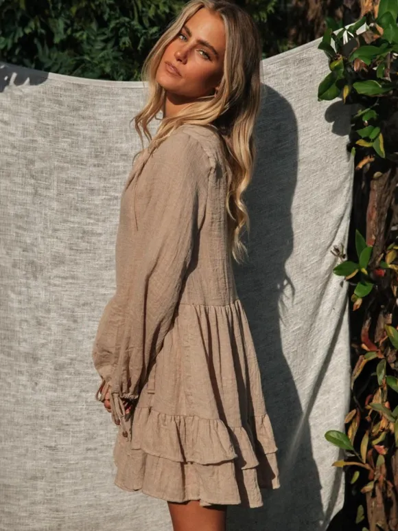 Robe courte bohème à manches lanternes pour femme - Mélange de coton col en V volants étagés coupe ample - Collection printemps-été décontractée 2026