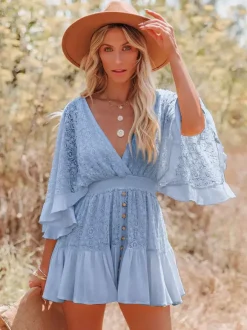 Robe courte bohème en dentelle ajourée pour femme - Manches cloche col en V dos nu - Festival de musique en bord de mer 2026