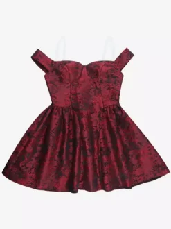 Robe courte bordeaux à épaules dénudées en jacquard fleuri - Idéale pour un bal de promo ou une fête d'anniversaire (2026)