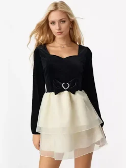 Robe courte contrastée avec n艙ud papillon manches longues col carré robe de fête d'anniversaire superposée 2026