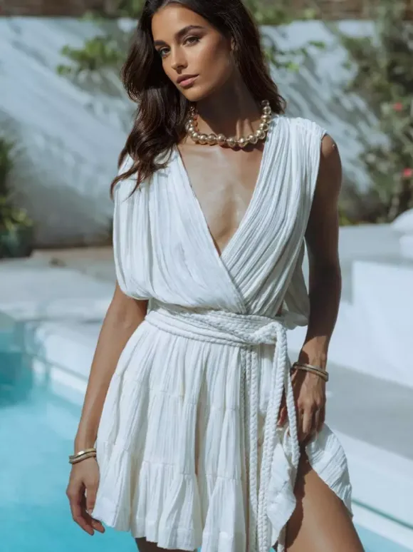 Robe courte décolletée en V pour femme - Robe grecque bohème plissée sans manches à volants avec ceinture en corde - Collection été 2026