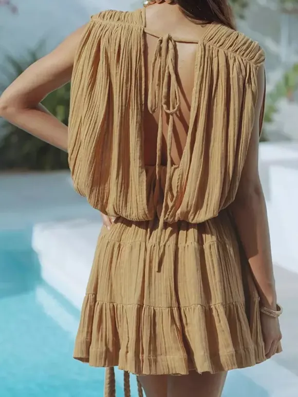Robe courte décolletée en V pour femme - Robe grecque bohème plissée sans manches à volants avec ceinture en corde - Collection été 2026