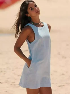Robe courte en coton pour femme - Robe tunique décontractée sans manches à col rond et dos nu avec poches - Collection été plage 2026