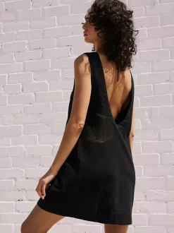 Robe courte en coton pour femme - Robe tunique décontractée sans manches à col rond et dos nu avec poches - Collection été plage 2026