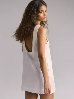 Robe courte en coton pour femme - Robe tunique décontractée sans manches à col rond et dos nu avec poches - Collection été plage 2026