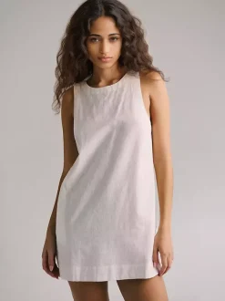 Robe courte en coton pour femme - Robe tunique décontractée sans manches à col rond et dos nu avec poches - Collection été plage 2026