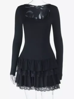 Robe courte en dentelle à col carré pour femme - Robe moulante noire à volants gothiques superposés et manches longues - Tenue de soirée printanière 2026