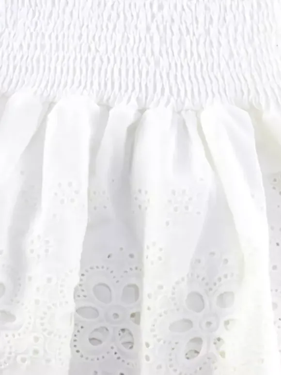 Robe courte en dentelle ajourée pour femme - Robe bustier blanche à volants et smocks - Idéale pour les vacances d'été à la plage 2026