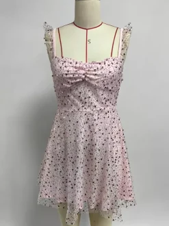 Robe courte en tulle à sequins pour femme - Décolleté c艙ur dos lacé sans manches coupe trapèze - Idéale pour une fête d'anniversaire d'été 2026